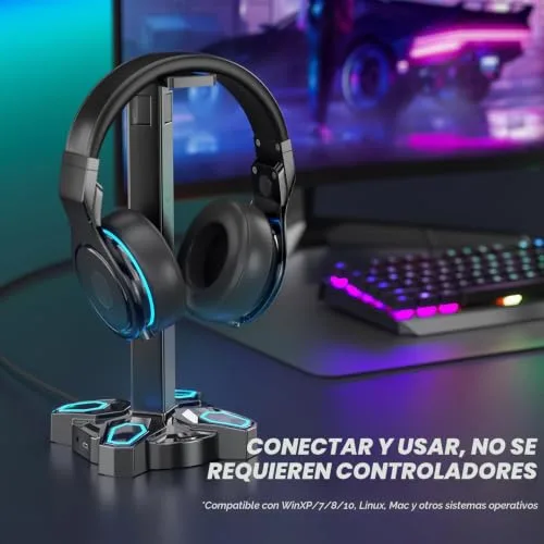 KDD ▫️ Suporte para auscultadores de jogos Led com 2 portas de carregamento USB e 1 porta Type-C 2