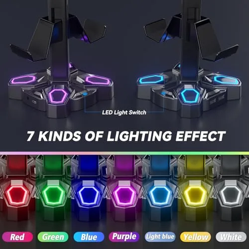 KDD ▫️ Suporte para auscultadores de jogos Led com 2 portas de carregamento USB e 1 porta Type-C 3