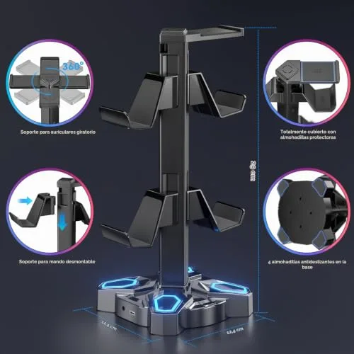 KDD ▫️ Suporte para auscultadores de jogos Led com 2 portas de carregamento USB e 1 porta Type-C 4