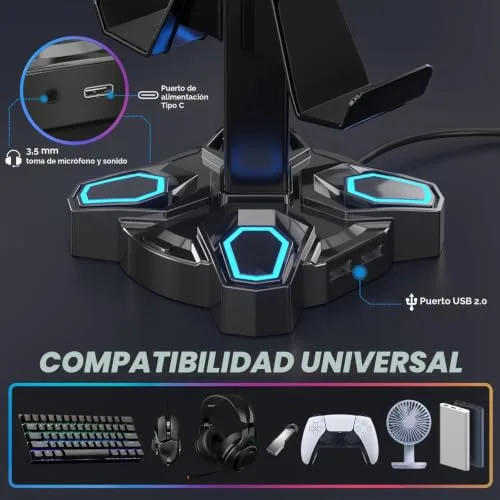 KDD ▫️ Suporte para auscultadores de jogos Led com 2 portas de carregamento USB e 1 porta Type-C 5