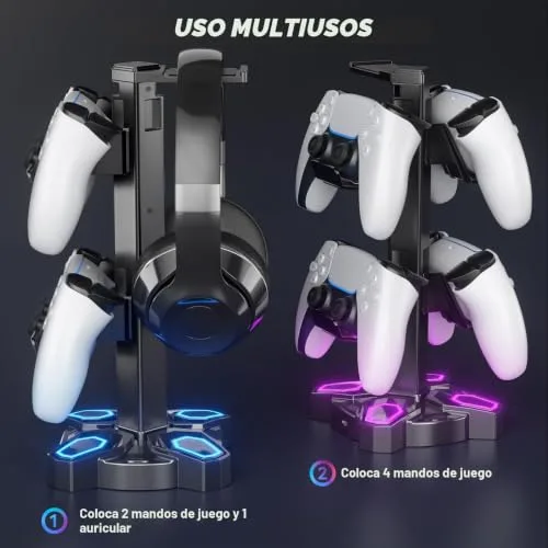 KDD ▫️ Suporte para auscultadores de jogos Led com 2 portas de carregamento USB e 1 porta Type-C 6