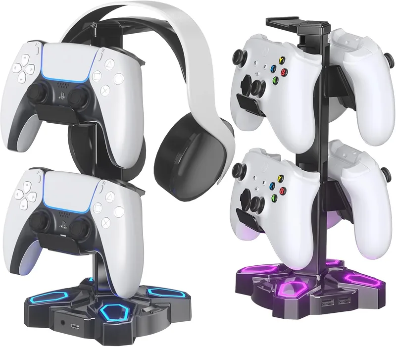 KDD ▫️ Suporte para auscultadores de jogos Led com 2 portas de carregamento USB e 1 porta Type-C