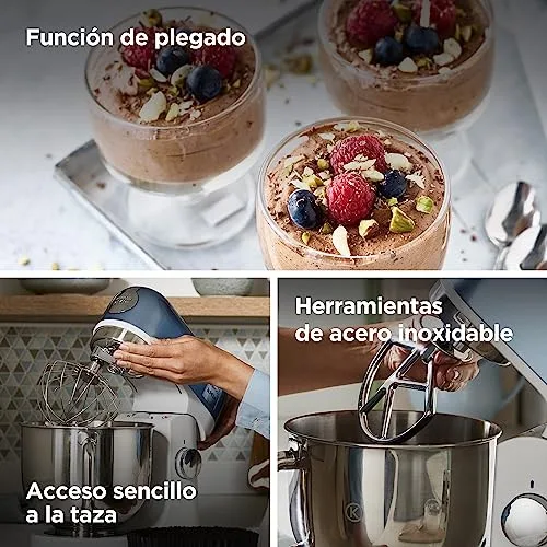 kenwood ▫️ kMix - Batedeira multifunções com taça de aço inoxidável de 5 L, motor de 1000 W, corpo em metal, kit de pastelaria com 3 acessórios e tampa anti-salpicos, azul (KMX760ABL) 4