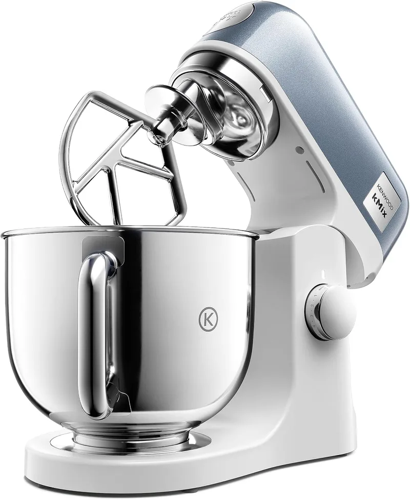 kenwood ▫️ kMix - Batedeira multifunções com taça de aço inoxidável de 5 L, motor de 1000 W, corpo em metal, kit de pastelaria com 3 acessórios e tampa anti-salpicos, azul (KMX760ABL)