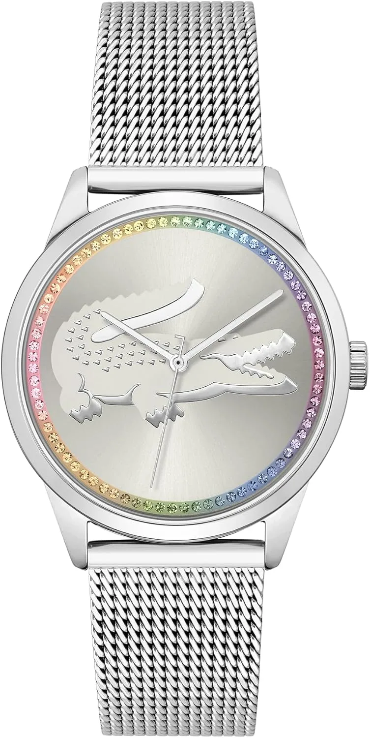 Lacoste ▫️ Relógio analógico de quartzo para mulher, coleção LADYCROC, com bracelete em malha de aço inoxidável prateado - 2001259