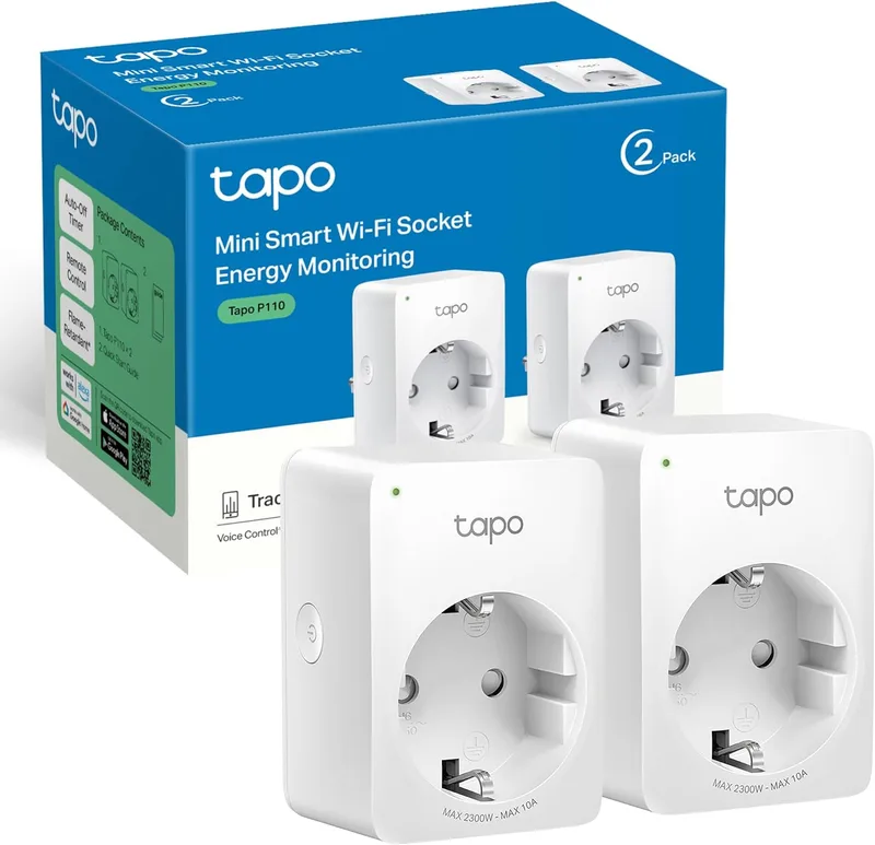 Tapo ▫️ P110 (2 embalagens) - Mini ficha inteligente Wi-Fi (com monitorização de energia), programação de ligar/desligar, poupança de energia, compatível com Alexa e Google Home