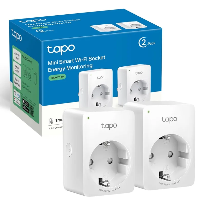 Tapo ▫️ P110 (2 unidades) – Mini-tomada inteligente Wi-Fi (com monitorização de consumo de energia), programação de ligar/desligar, poupança de energia, compatível com Alexa e Google Home