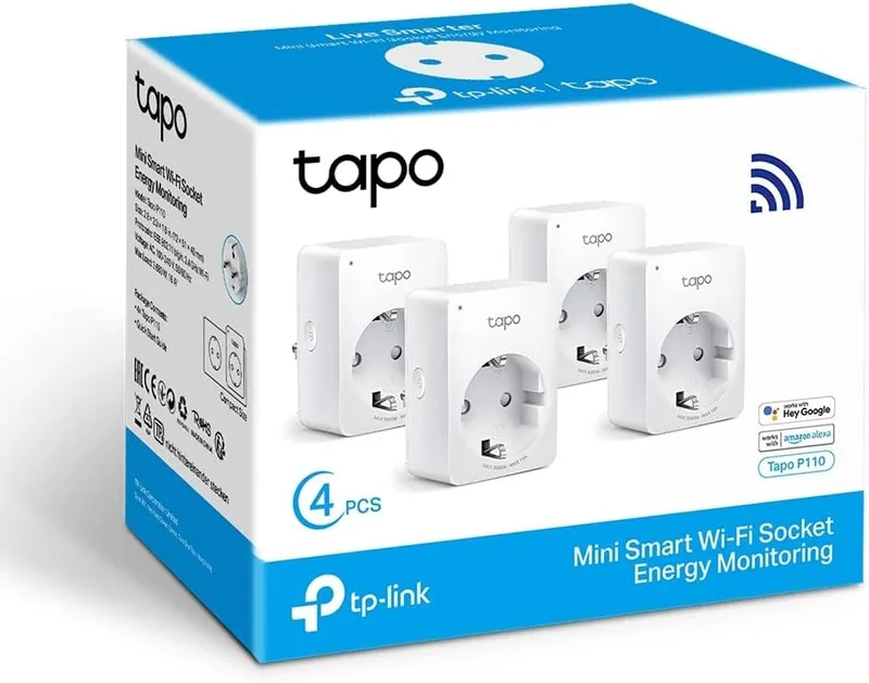 Tapo ▫️ P110 (4 unidades) – Mini-tomada inteligente Wi-Fi (com monitorização de consumo de energia), programação de ligar/desligar, poupança de energia, compatível com Alexa e Google Home