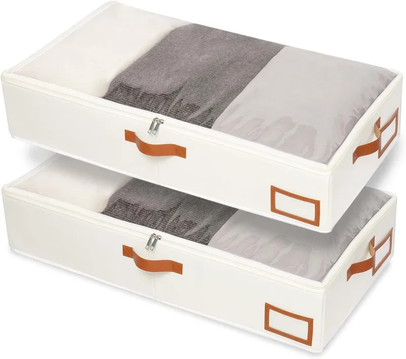 Yawinhe ▫️ Conjunto de 2 sacos de arrumação debaixo da cama, com janela transparente, pegas reforçadas, organizador de edredões com fecho de correr, caixas de arrumação, 60x30x15cm, bege