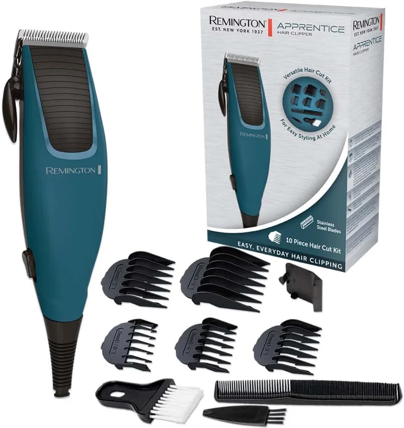 Remington ▫️ Máquina de cortar cabelo Apprentice - Máquina de cortar cabelo com fio, lâminas de aço inoxidável, 5 pentes, 4 acessórios: pente, proteção da lâmina, escova de limpeza e coleira - HC5020