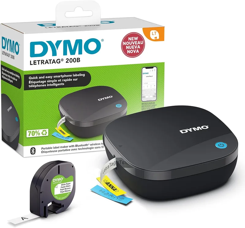 DYMO ▫️ Impressora de etiquetas Bluetooth LetraTag 200B, Impressora de etiquetas compacta, Liga-se através da tecnologia sem fios Bluetooth a iOS e Android, Inclui 1 fita de etiquetas de papel branco