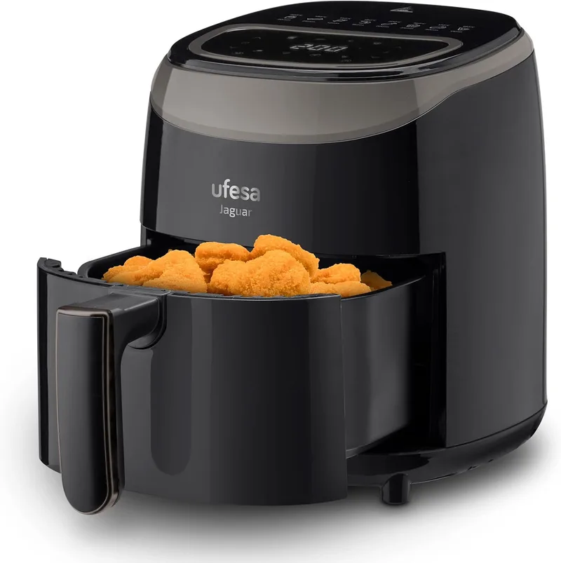 Ufesa ▫️ Jaguar Fritadeira de Ar Sem Óleo 3,5L, 8 Programas, 1200W, Digital, Temporizador, Temperatura 80ºC - 200ºC, Sem BPA e PFOA, Tigela e Tabuleiro Antiaderentes, Exclusivo para a Amazon