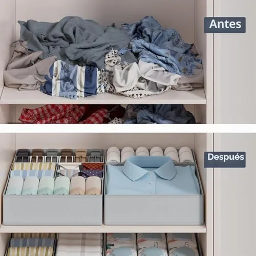 DIMJ ▫️ Organizador de gavetas – Conjunto de 12 caixas de armazenamento dobráveis em tecido para guardar roupa, organizadores de gavetas em tecido não tecido, meias, roupa interior, cinzento clássico 3