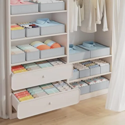 DIMJ ▫️ Organizador de gavetas – Conjunto de 12 caixas de armazenamento dobráveis em tecido para guardar roupa, organizadores de gavetas em tecido não tecido, meias, roupa interior, cinzento clássico 5