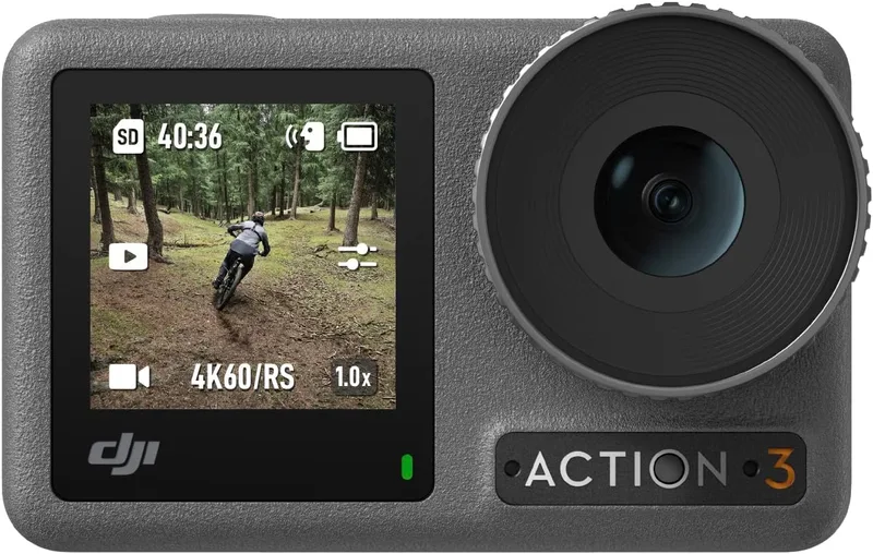 DJI ▫️ Pacote Padrão Osmo Action 3 - Câmara de ação 4K, campo de visão superamplo, HorizonSteady, suporte vertical de libertação rápida, submersível até 16 m, dois ecrãs táteis