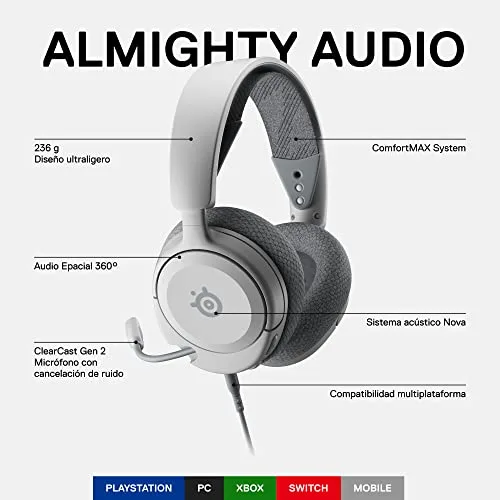 SteelSeries ▫️ Arctis Nova 1P - Auscultadores com fio para PS5 e compatíveis com vários sistemas - Controladores Hi-Fi - Áudio espacial de 360° - Almofadas de espuma com memória - PS5, PS4, PC, Xbox - Branco 2