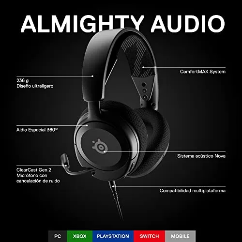 SteelSeries ▫️ Arctis Nova 1 - Auscultadores para jogos com fio, compatíveis com vários sistemas - Altifalantes Hi-Fi - Áudio espacial de 360° - Almofadas de espuma com memória - Ultraleves - PC, PS5, PS4, Xbox - Preto 3