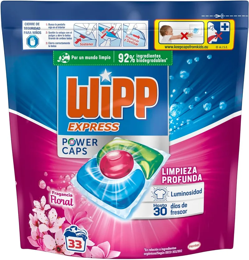 Wipp Express ▫️ Cápsulas de detergente para máquinas de lavar roupa Power Caps Floral, 33 doses, limpeza profunda, eficaz em água fria