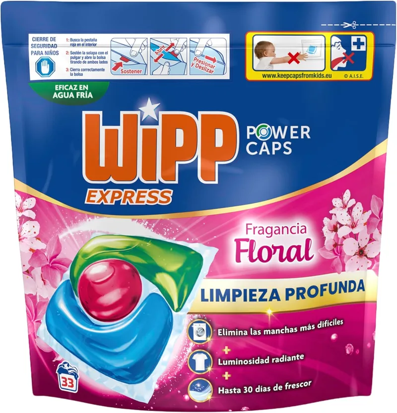Wipp Express ▫️ Power Caps – Detergente floral em cápsulas para máquina de lavar roupa, 33 doses, limpeza profunda, eficaz em água fria