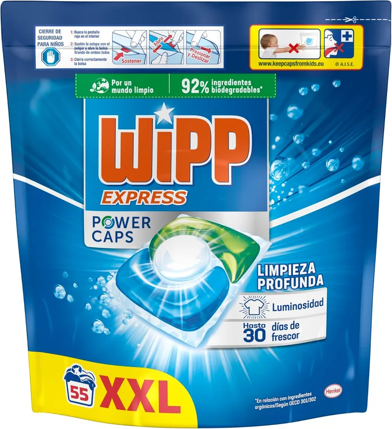 Wipp Express ▫️ Power Caps (1 x 55), detergente para máquina de lavar roupa em cápsulas para brilho, pastilhas para máquina de lavar roupa para limpeza profunda, até 30 dias de frescura