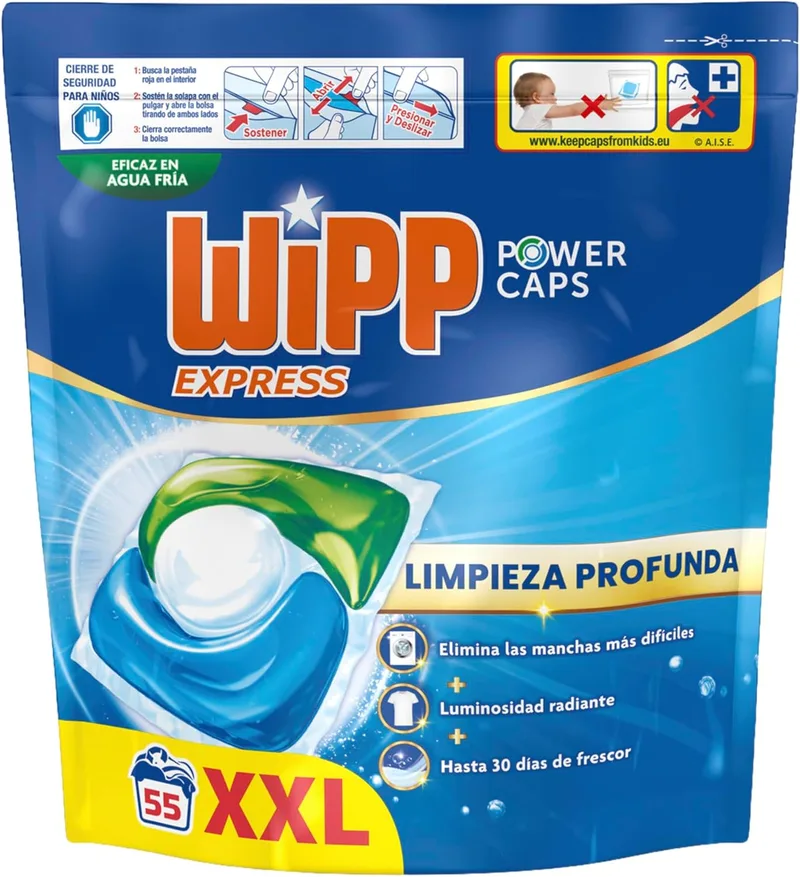 Wipp Express ▫️ Power Caps (1 x 55), Detergente em cápsulas para a máquina de lavar roupa que confere brilho, cápsulas para uma limpeza profunda, até 30 dias de frescura