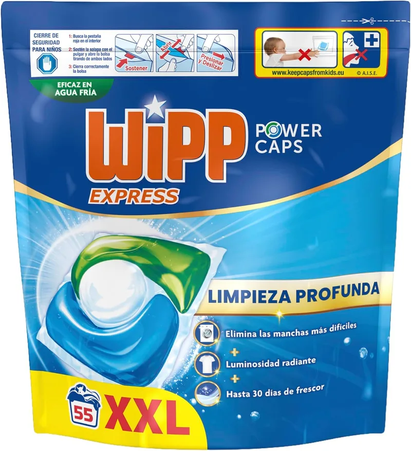 Wipp Express ▫️ Power Caps (1 x 55), Detergente em cápsulas para a máquina de lavar roupa que confere brilho, cápsulas para uma limpeza profunda, até 30 dias de frescura