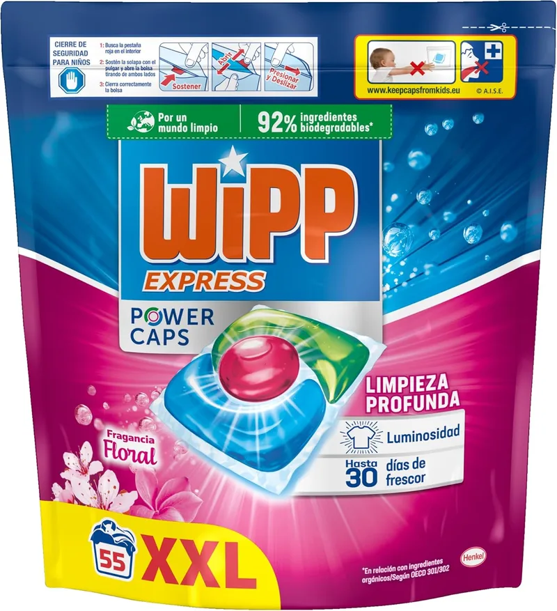 Wipp Express ▫️ Cápsulas de detergente para máquinas de lavar roupa Power Caps Floral, 55 doses, limpeza profunda, eficaz em água fria