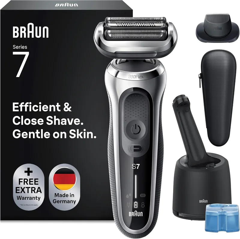 Braun ▫️ Series 7 71-S7200cc - Máquina de barbear elétrica para uso a seco e a húmido com sistema SmartCare Center e aparador de precisão, bateria, sem fios, com lâmina, cor prateada