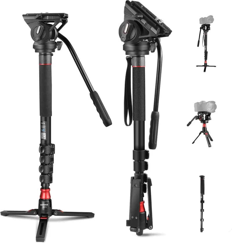 NEEWER ▫️ GM76 - Monopé profissional para câmara com pés, 179 cm, telescópico, portátil, em alumínio, para viagens, cabeça fluida inclinável e base removível para câmara DSLR, carga máxima de 6 kg