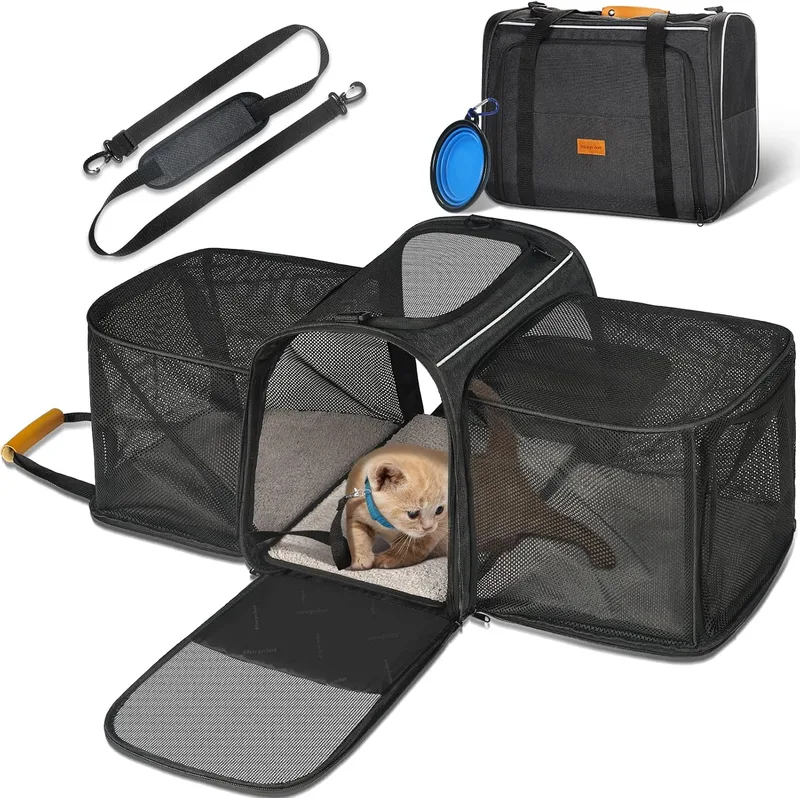 morpilot ▫️ Caixa de transporte para gatos, Caixa de transporte expansível de 2 lados para gatinhos e cachorros até 7 kg, Caixa de transporte dobrável para gatos de viagem aprovada pela companhia aérea com almofada lavável 45x36x30cm