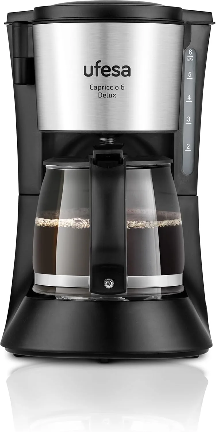 Ufesa ▫️ Máquina de café de gotejamento Capriccio Delux, 6 chávenas, 600 W, jarro de 0,6 L, filtro permanente, placa de aquecimento antiaderente, sistema antigotejamento, desligamento automático, acabamentos em aço inoxidável
