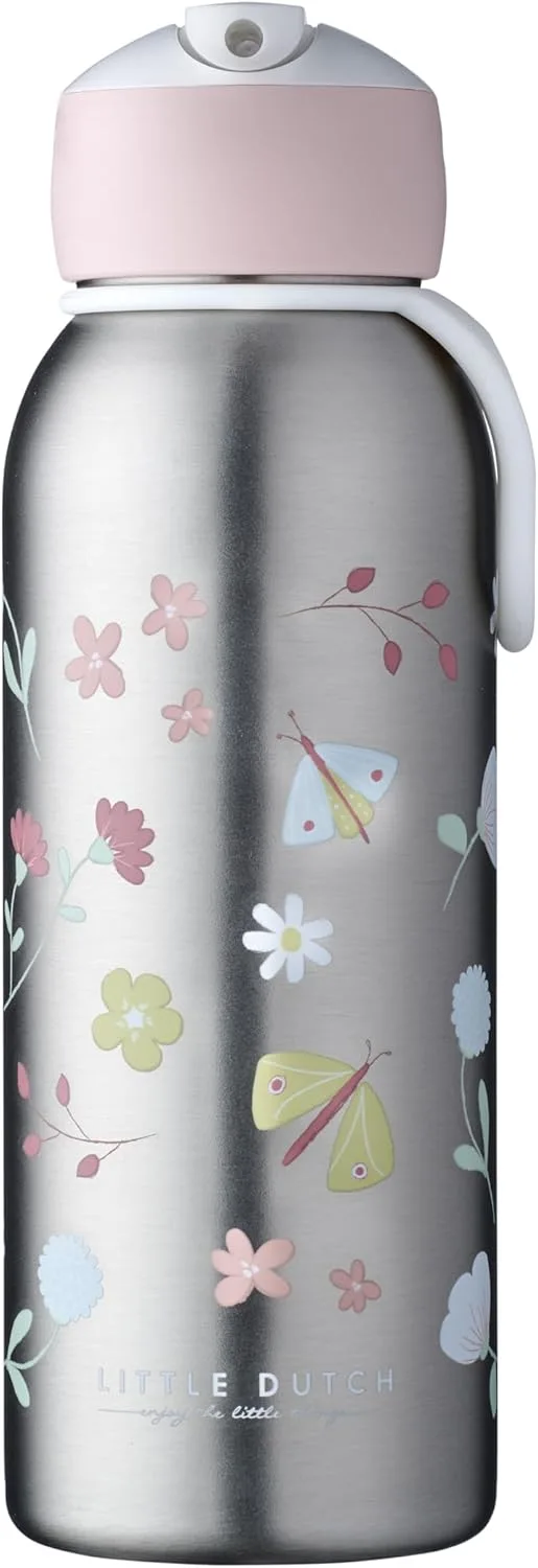 Mepal ▫️ Garrafa Isotérmica Campus Flip-up - Garrafa térmica para crianças - Garrafa de aço inoxidável - 4 horas quente e 12 horas fria - Sem BPA - 350 ml - Flores e Borboletas