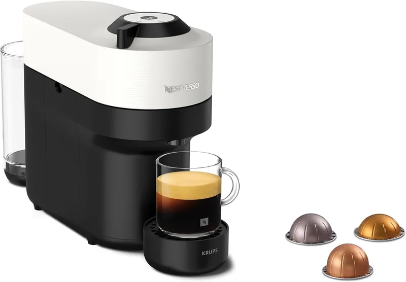Krups Nespresso VERTUO Pop XN9201 - Máquina de café em cápsulas, máquina de café expresso, 4 tamanhos de chávenas, tecnologia de centrifugação, 35 % de plástico reciclado, cor branca