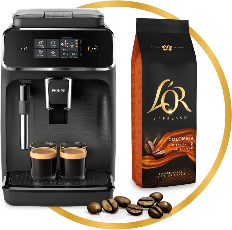 Philips Domestic Appliances ▫️ L'Or Espresso Café Grano Colômbia 100% Arábica, 500 g + Máquina de café automática Philips Série 2200 - Espumador de leite clássico, ecrã tátil intuitivo, preto mate (EP2220/10)