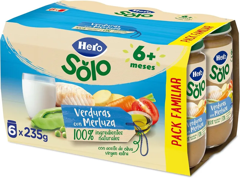Solo ▫️ Hero - Potinhos de legumes com marlonga, sem sal adicionado, sem amido, sem óleo de palma, ingredientes 100% naturais, conservação e esterilização naturais em banho-maria, embalagem de 6 x 235 g