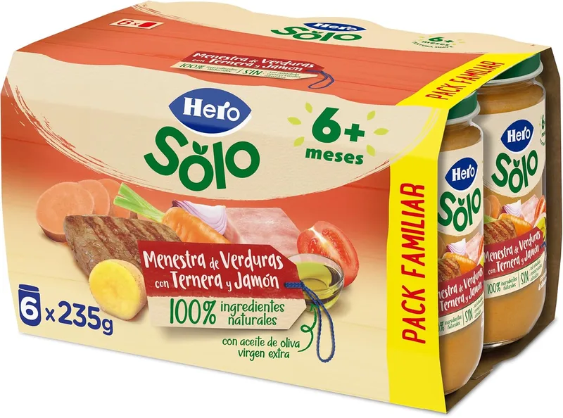 Solo ▫️ Hero - Guisado de legumes com carne de vaca e fiambre, sem adição de sal, sem amido, sem óleo de palma, adequado para bebés a partir dos 6 meses, ingredientes 100% naturais, embalagem de 6 x 235 gramas