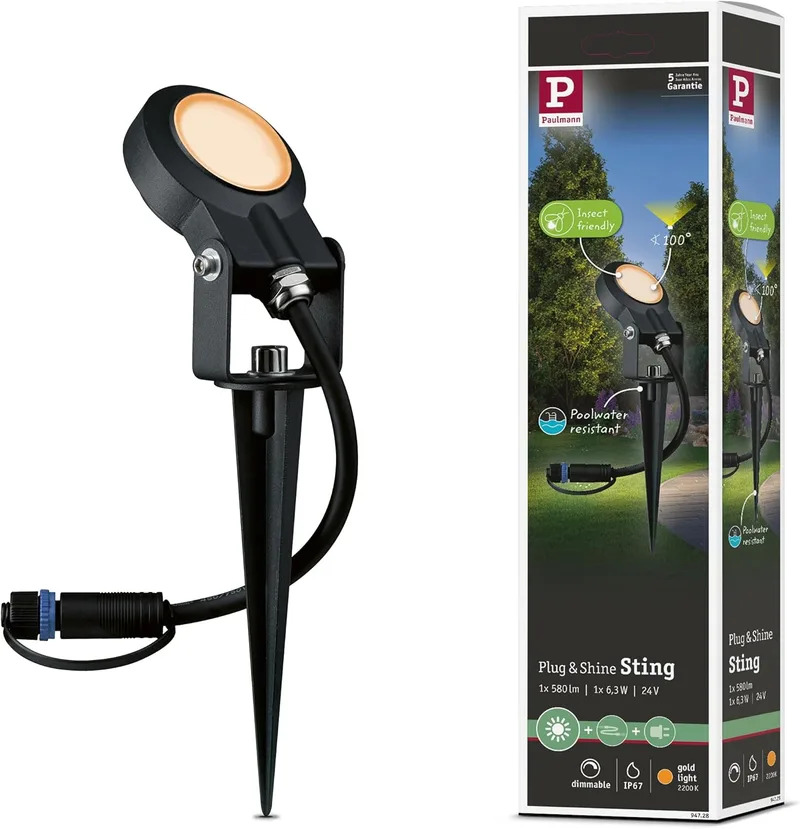 Paulmann ▫️ 94728 Iluminação exterior LED Plug & Shine, refletor de jardim Sting com foco individual, proteção contra insetos IP67, 2200K, 6,3 W, antracite, redondo, regulável, luz dourada, alumínio