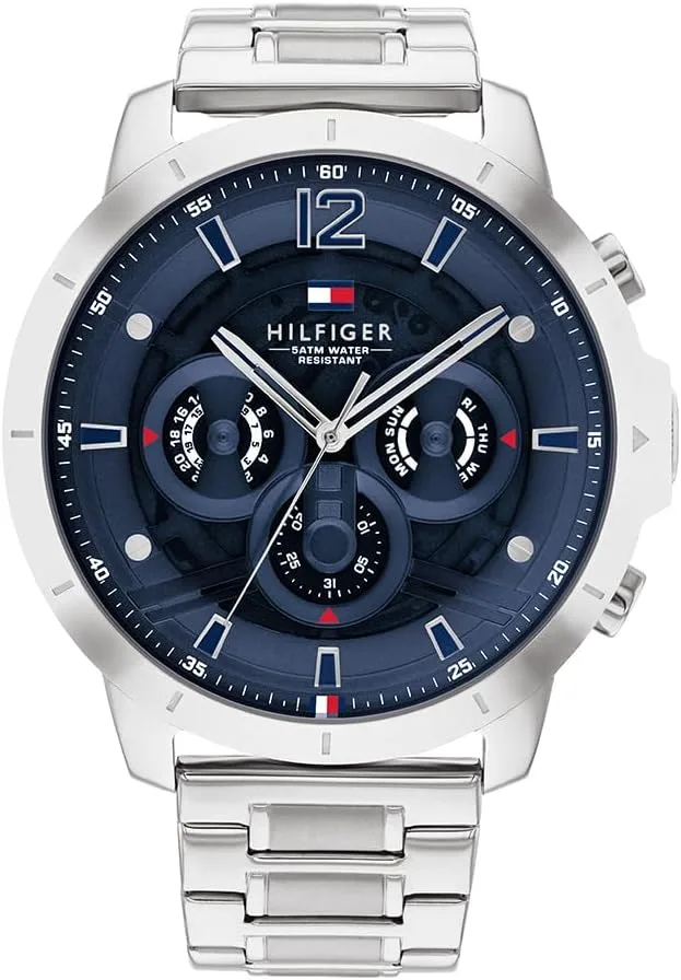 Tommy Hilfiger ▫️ Relógio analógico de quartzo multifunções para homem com bracelete em aço inoxidável prateado - 1710492