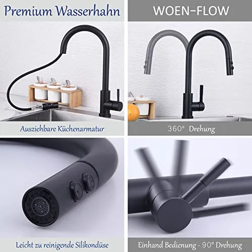 Woen-Flow ▫️ Torneira de cozinha preta de alta pressão, extensível e giratória a 360°, monocomando para lava-loiça com chuveiro, 2 modos, jato alto, torneira misturadora de cozinha, torneira de cozinha extensível em aço inoxidável 5
