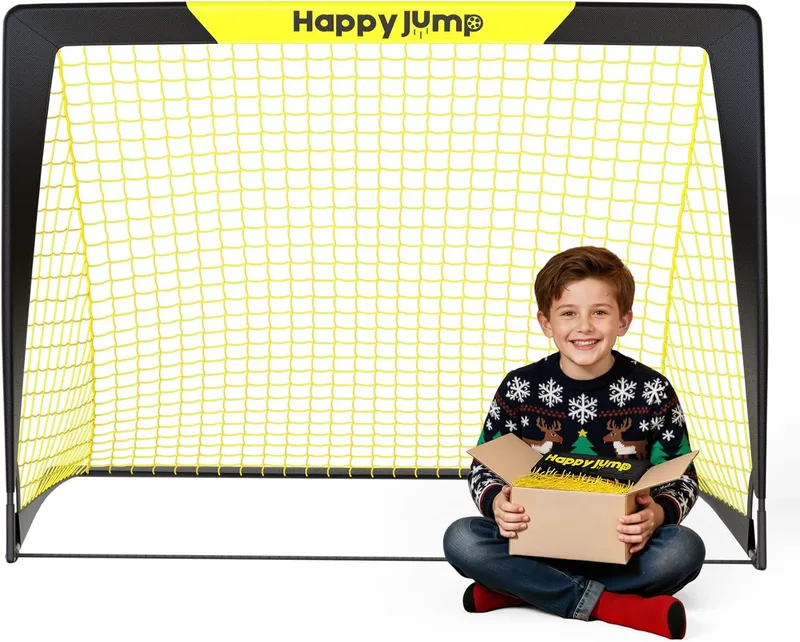 Happy Jump ▫️ Baliza de Futebol Pop-Up Dobrável | 1 ou 2 balizas: 120x91 / 152x110 / 213x152 cm | Opcional com bola, bomba e cones | Baliza portátil para jardim e treino