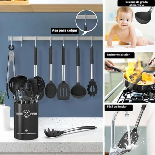 DLD ▫️ Conjunto de 16 peças de utensílios de cozinha em silicone, utensílios resistentes ao calor com cabos em aço inoxidável para cozinha e padaria, espátula antiaderente, conjunto de utensílios de cozinha 3