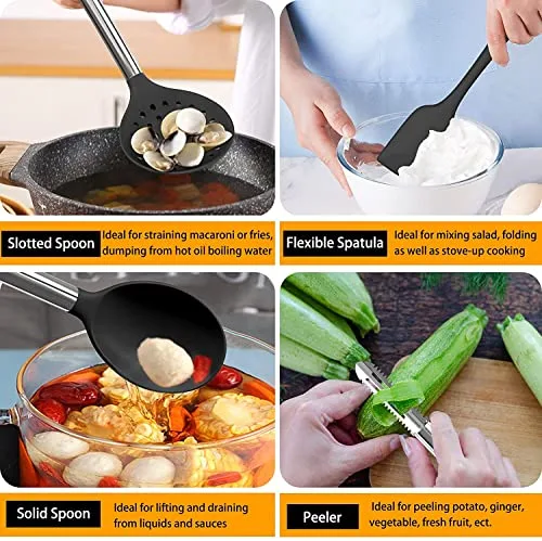 DLD ▫️ Conjunto de 16 peças de utensílios de cozinha em silicone, utensílios resistentes ao calor com cabos em aço inoxidável para cozinha e padaria, espátula antiaderente, conjunto de utensílios de cozinha 5