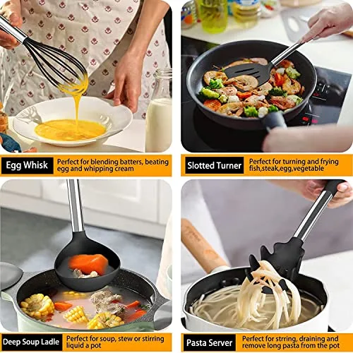 DLD ▫️ Conjunto de 16 peças de utensílios de cozinha em silicone, utensílios resistentes ao calor com cabos em aço inoxidável para cozinha e padaria, espátula antiaderente, conjunto de utensílios de cozinha 6