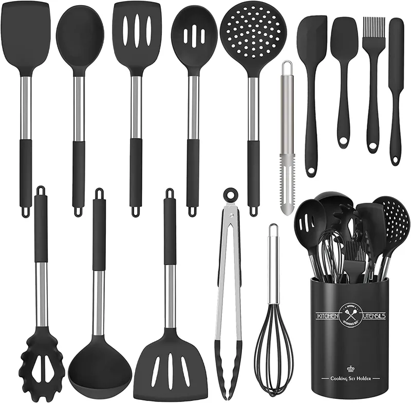 DLD ▫️ Conjunto de 16 peças de utensílios de cozinha em silicone, utensílios resistentes ao calor com cabos em aço inoxidável para cozinha e padaria, espátula antiaderente, conjunto de utensílios de cozinha