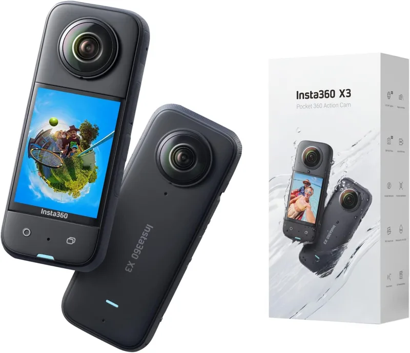 Insta360 ▫️ X3 - Câmara de ação 360º à prova de água, sensor de 1/2", 5,7K 360º, fotos de 72 MP, estabilização, ecrã tátil de 2,29", edição por IA, transmissão ao vivo, webcam, controlo por voz