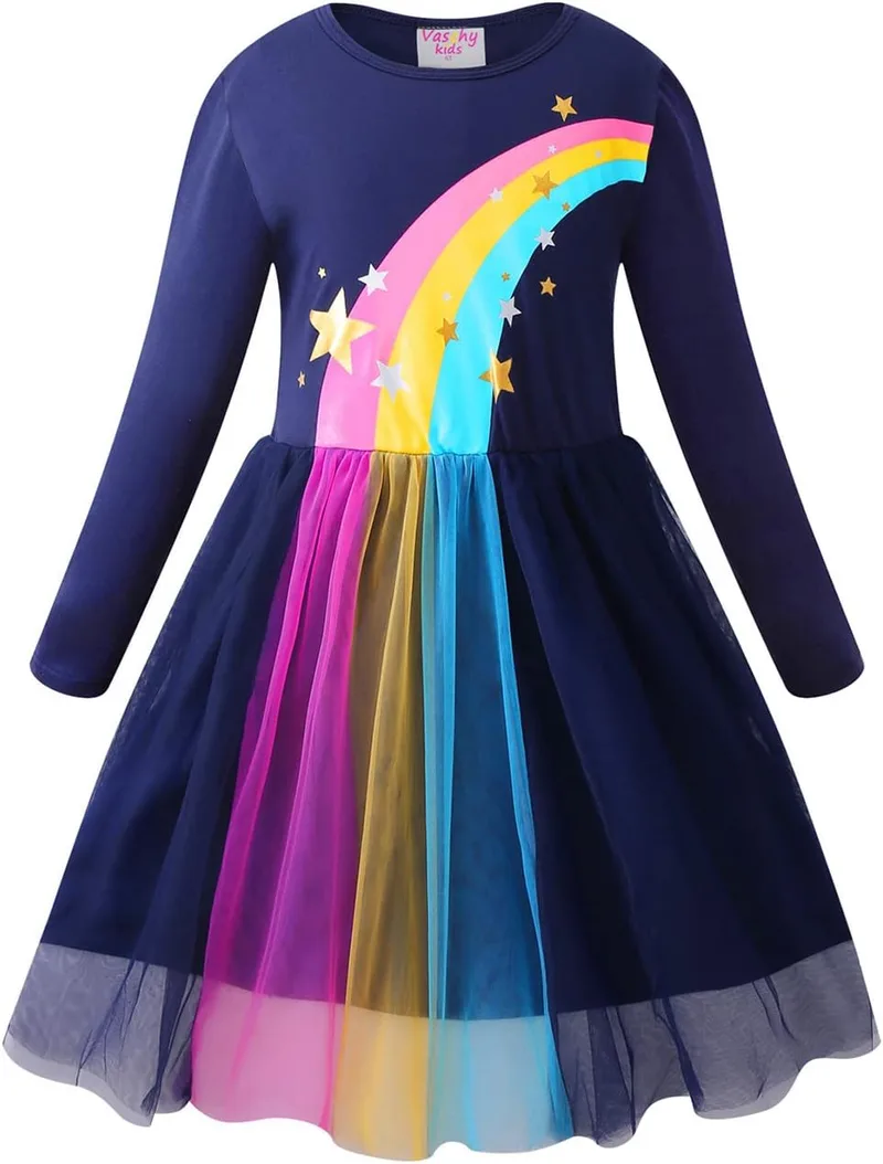 VASCHY ▫️ Vestidos para meninas, vestido de manga comprida, vestido de unicórnio, princesa, borboleta e sereia, vestidos, roupa de tule, festa de verão, vestido de festa, 2-10 anos