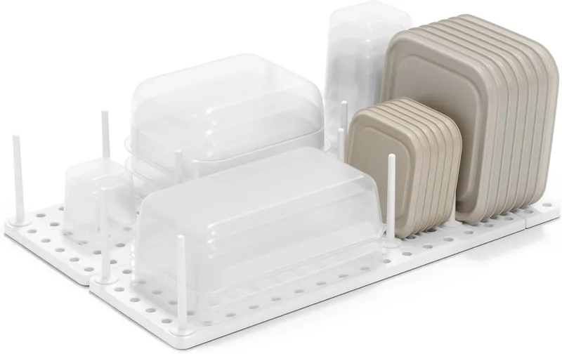Umbra ▫️ Tabuleiro organizador de gavetas de cozinha Peggy, sistema de arrumação ajustável para recipientes de comida, utensílios de cozinha, louça, talheres e muito mais, branco