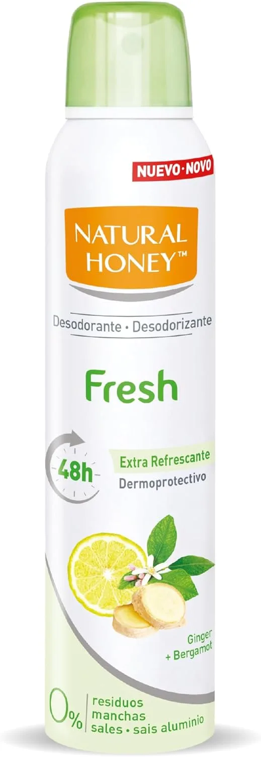 Natural Honey ▫️ Spray desodorizante fresco Spray dermoprotetor sem alumínio, proteção natural contra odores durante 48 horas, fórmula anti-manchas com extractos naturais de gengibre e bergamota, 200 ml