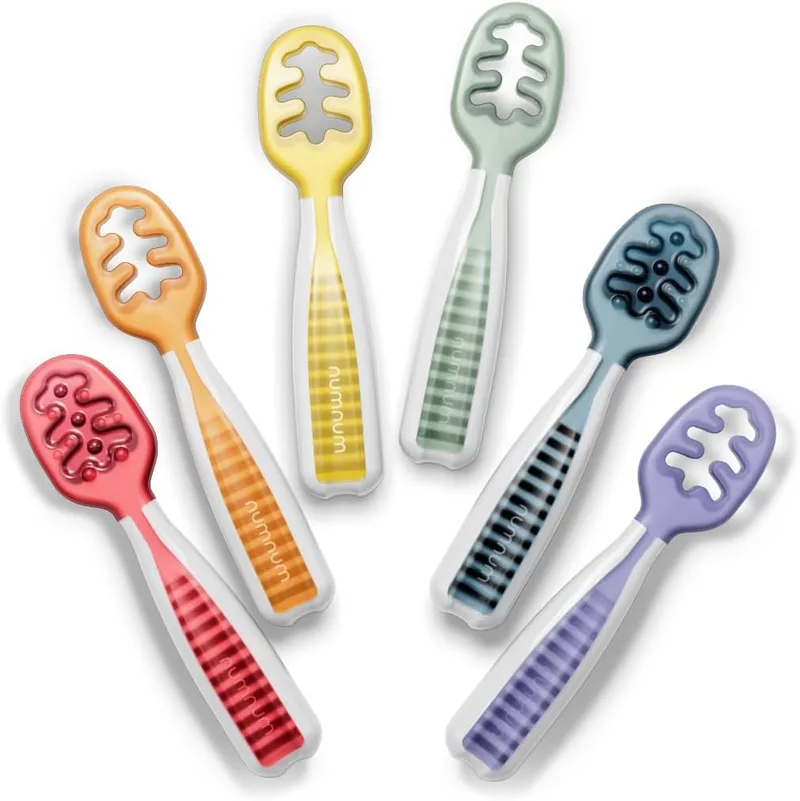 NumNum ▫️ GOOtensils Colheres de aprendizagem para bebés - Fase 1+2 Colheres de silicone para bebés com mais de 6 meses - Talheres para bebés BLW que se alimentam sozinhos - Desmame conduzido pelo bebé - Sem BPA - 6 unidades (Arco-íris)