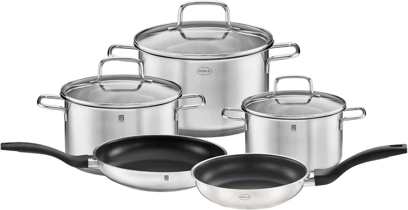 RÖSLE ▫️ Basic Line - Conjunto de 5 panelas universais, 2 frigideiras, aço inoxidável 18/10, com tampa de vidro e borda de vazamento, indução, lavável na máquina de lavar louça, cor prata